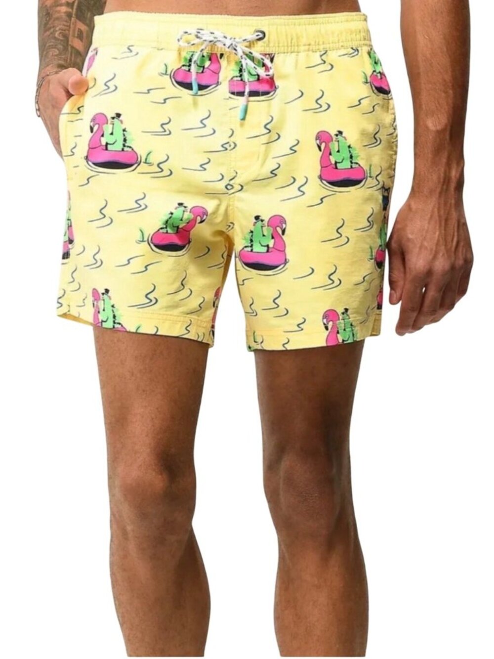 New Party Pants Mens Size Medium Yellow River Dino Short Stretch Swim 5" Trunks
